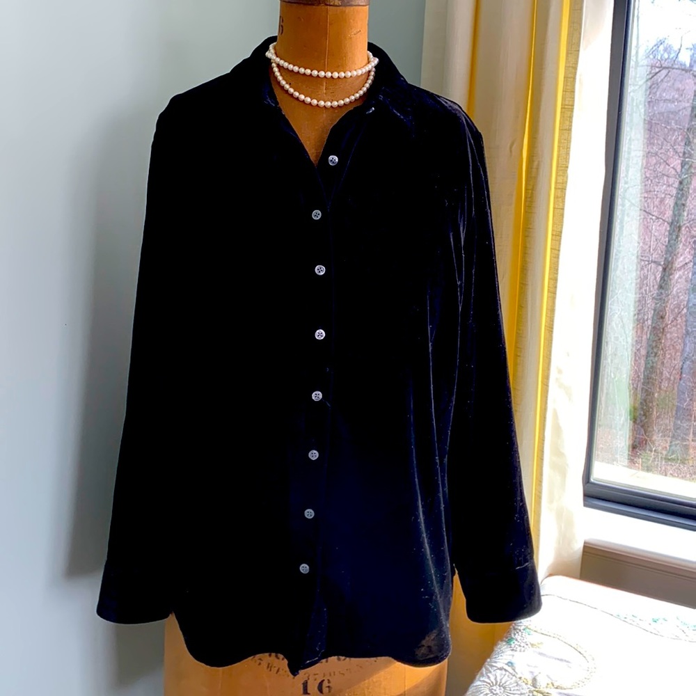 Talbots black velvet button front blouse